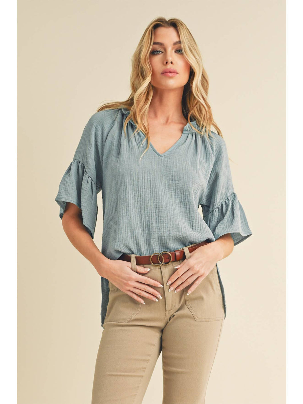 Tes 3/4 Sleeve Ruffle Top